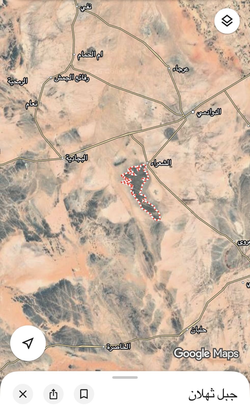 موقع جبل ثهلان على الخريطة – محافظة الدوادمي وبلدة الشعراء