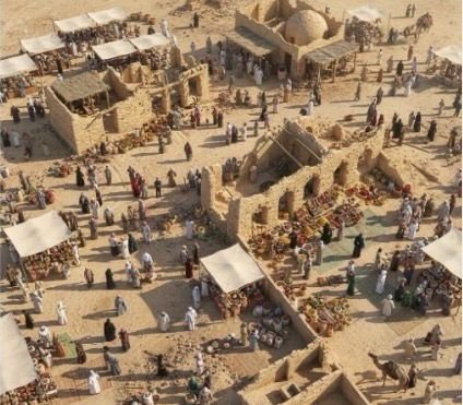 تصور بصري لحركة سوق موسمي قديماً: تجمعات وقوافل وبيع وشراء